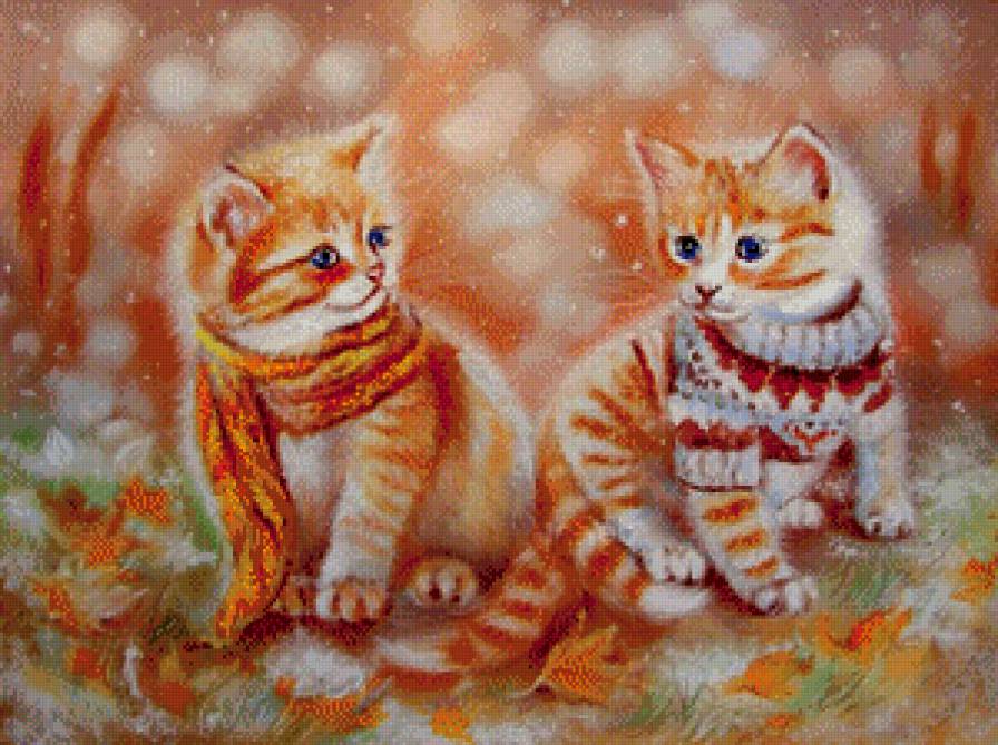 рыжая осень - милашка, шарф, пара, свитер, котенок, кот, лапушка, листья - предпросмотр