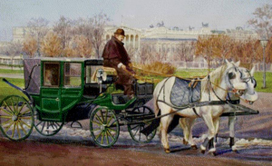 пейзажи города - карета, живопись, кучер, осень, город, лошадь, природа, дом, картина - предпросмотр