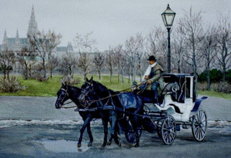 пейзажи города - живопись, город, кучер, карета, фонарь, природа, дом, картина, лошадь - предпросмотр