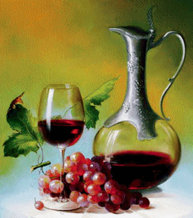 натюрморт - вино, листья, картина, бокал, графин, виноград, живопись - предпросмотр