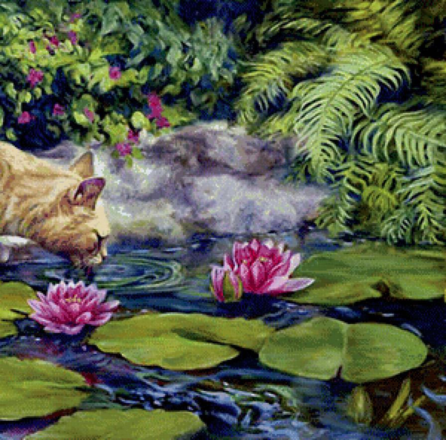 кошка у пруда часть 2 - вода, лотос, цветы, кот, живопись - предпросмотр