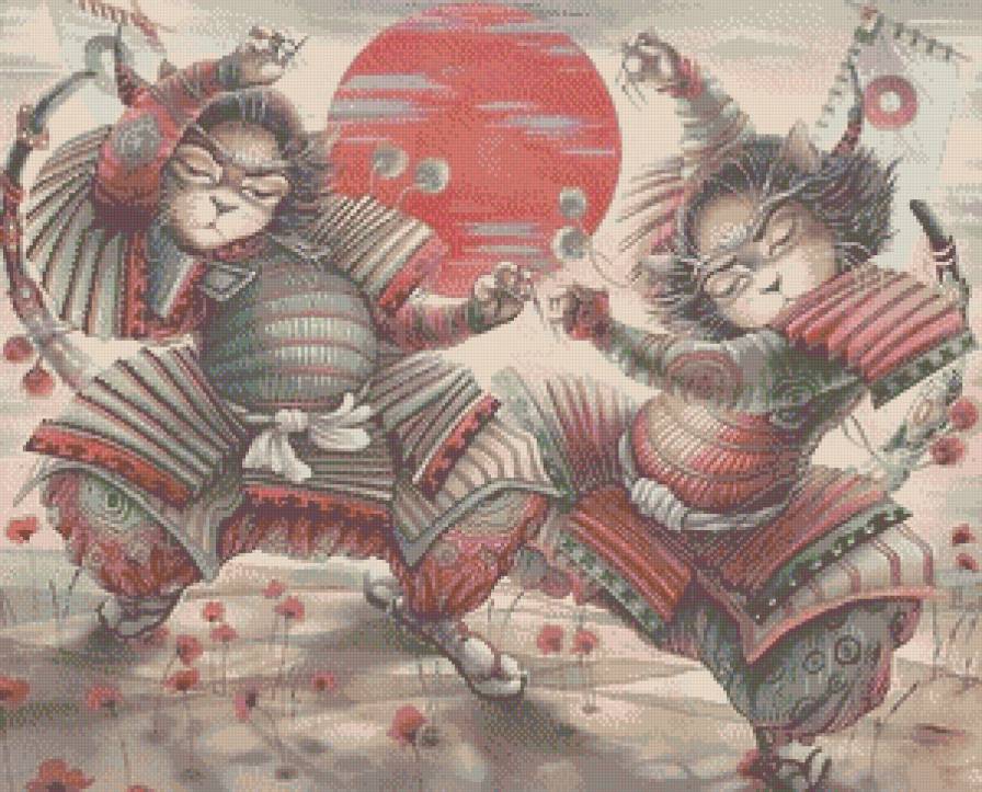 Самураи (батик Н.Соколовой) - живопись, батик, самураи, фэнтези, кошки, животные - предпросмотр
