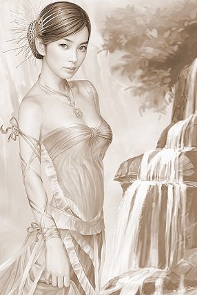 Женский образ (живопись) - дама, водопад, люди, монохром, женщина, девушка, сепия - оригинал