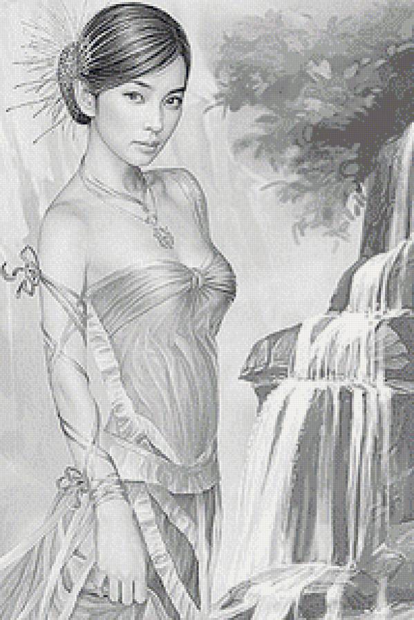 Женский образ (живопись) - женщина, люди, девушка, монохром, дама, водопад - предпросмотр