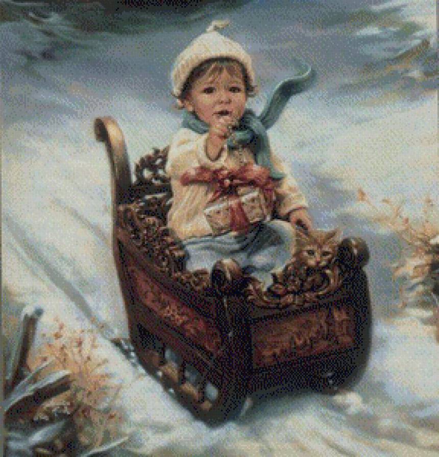 с котёнком на санках рождество - мальчик, рождество, снег, зима, праздник, новый год, котенок, дети - предпросмотр