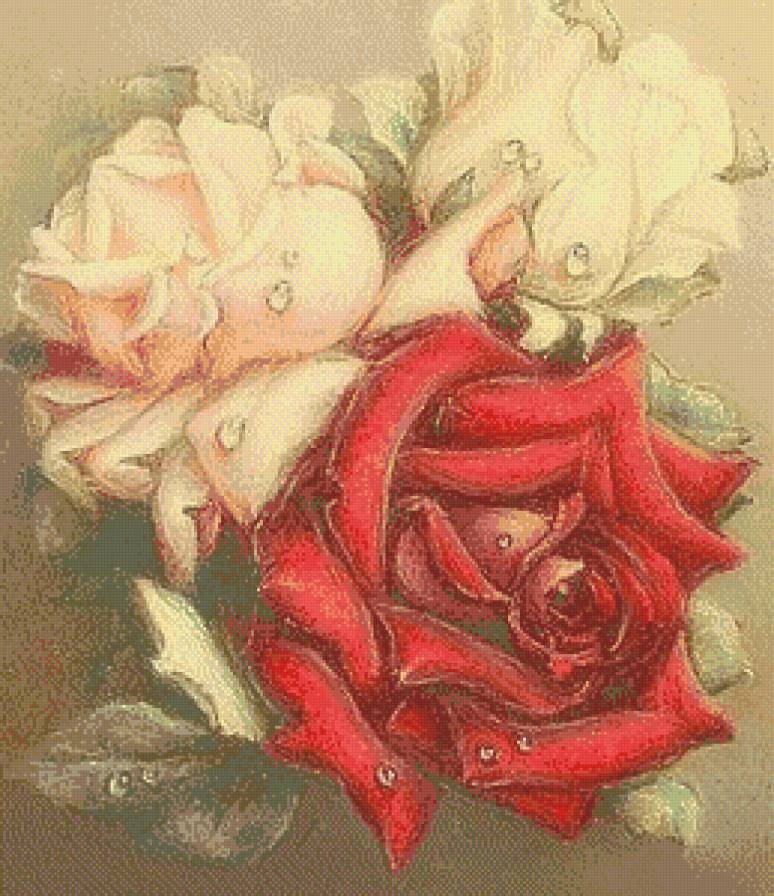 Розы в росе (большая) - цветы, роса, розы, живопись - предпросмотр