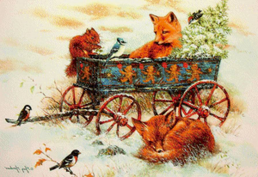 рождество лисички - синички, птички, новый год, лисички, снег, зима, рождество, праздник - предпросмотр
