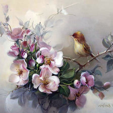 Схема вышивки «воробей на цветущей яблоне»