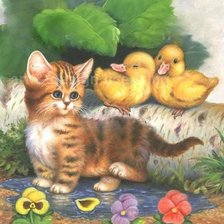 Схема вышивки «Цыплята и котенок (маленькая)»