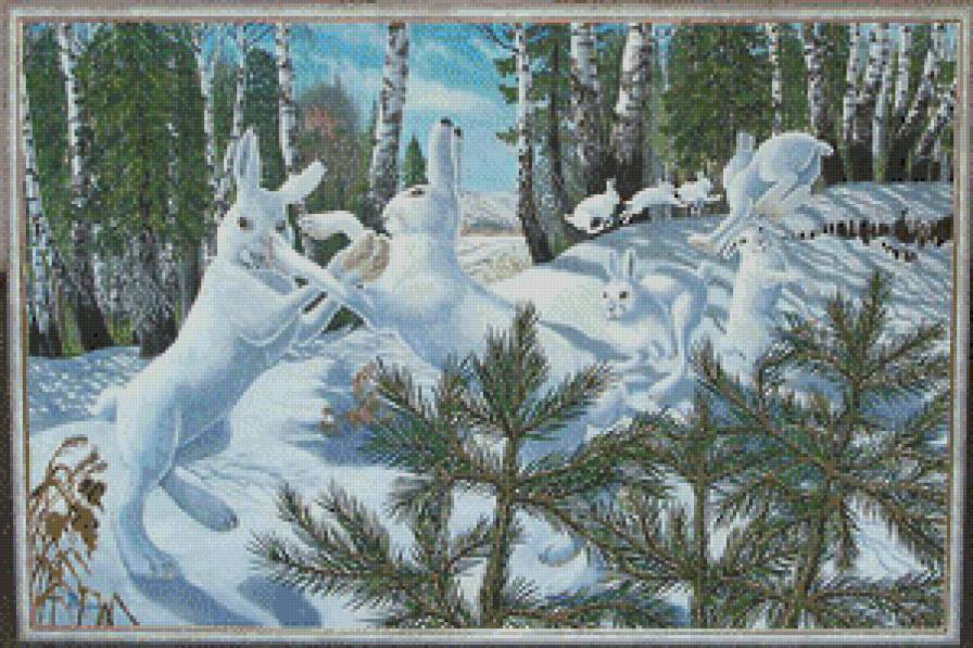 Заячьи свадьбы по картине Николая Фомина - зима, животный мир - предпросмотр