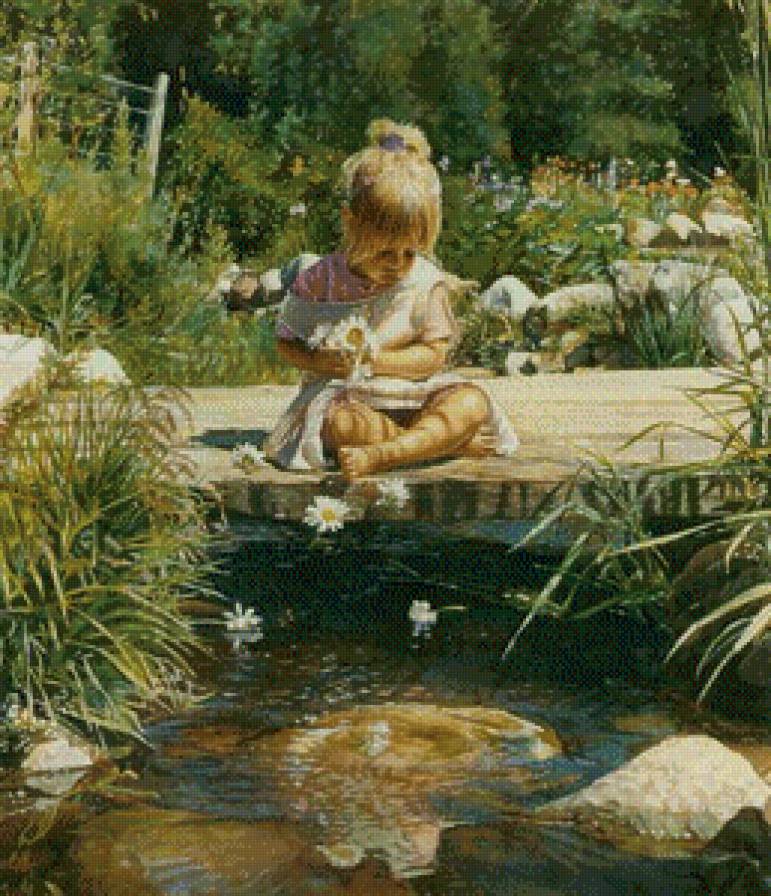 девочка на берегу - дети, мальчик, лес, ромашки, девочка, река, лето, берег, мостик - предпросмотр