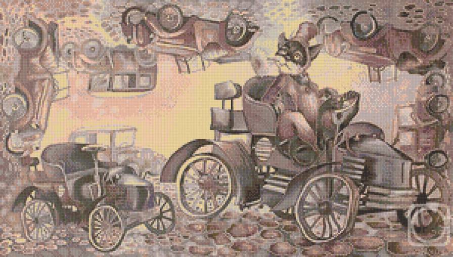 Автолюбитель (коты Н.Соколовой) - животные, батик, фэнтези, кошки, живопись, авто - предпросмотр