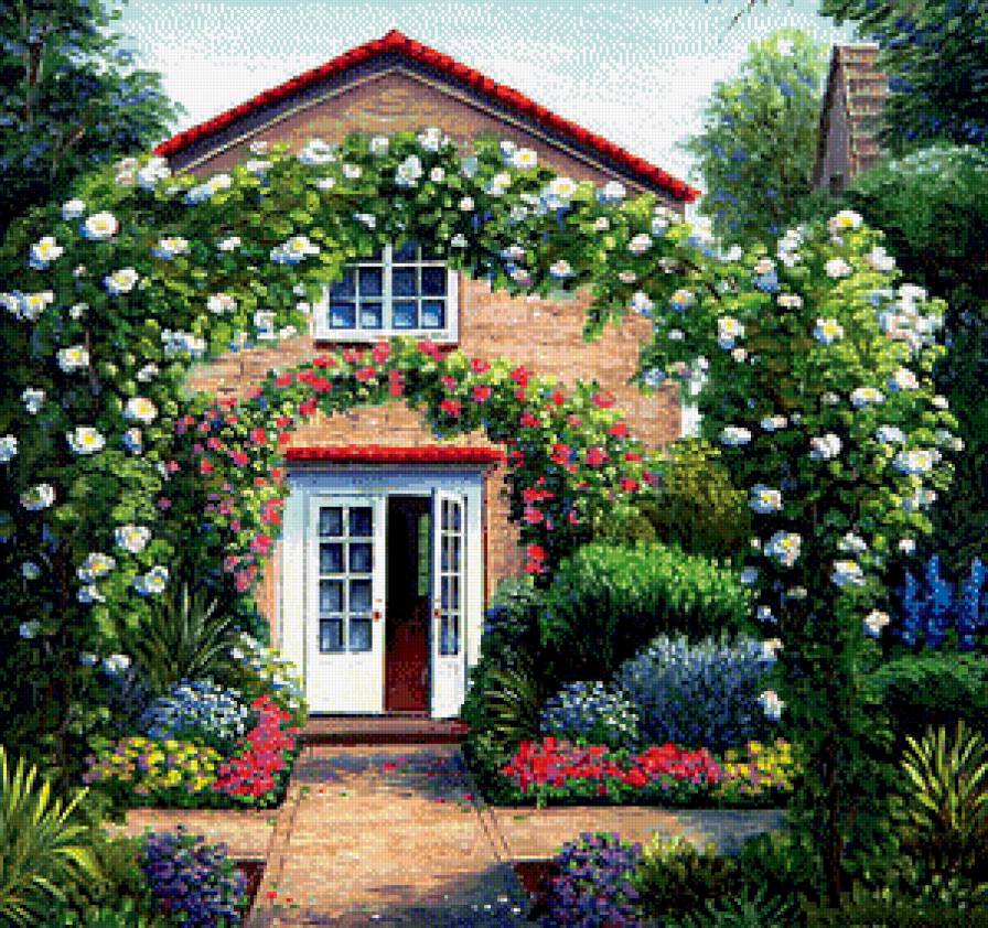 Домик, утопающий в цветах - цветы, пейзаж, домик, картина - предпросмотр