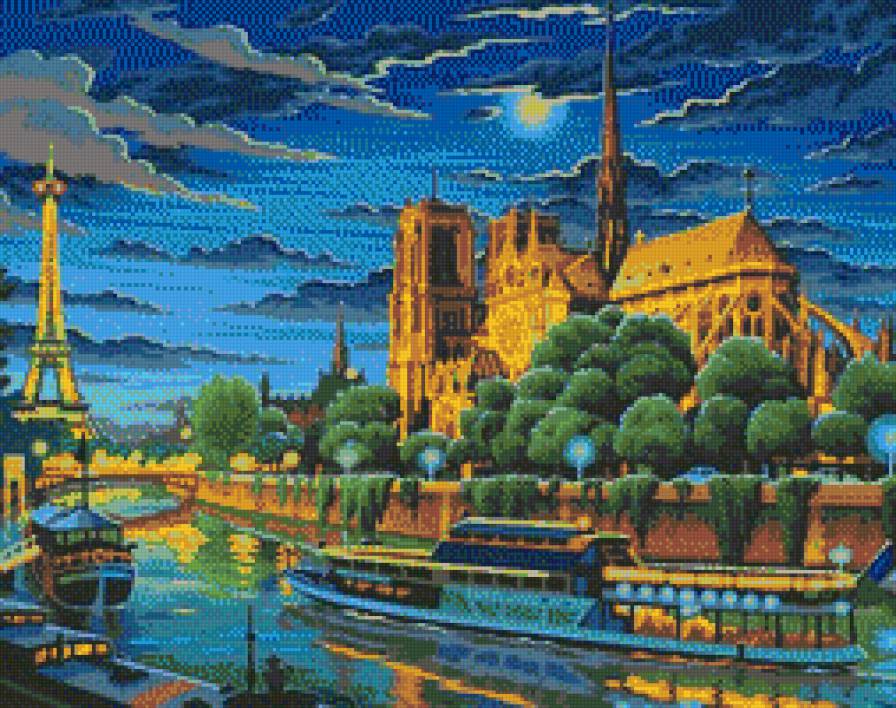 Ночной Париж - ночь, пейзаж, города, живопись, река - предпросмотр