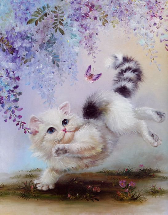 котёнок и бабочка 2 - живопись, кузнечик, домашние любимцы, природа, кот, бабочка, котенок - оригинал