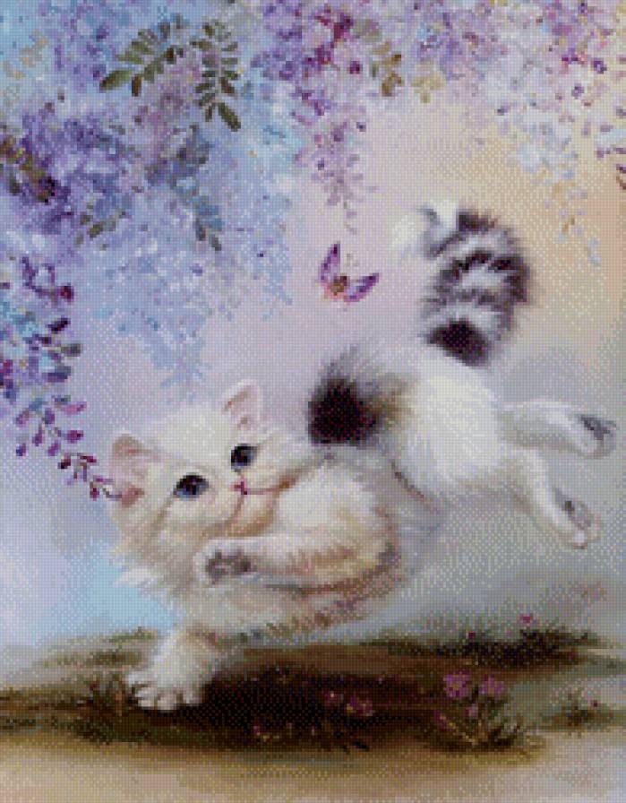 котёнок и бабочка 2 - кузнечик, природа, живопись, бабочка, кот, котенок, домашние любимцы - предпросмотр