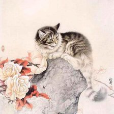 Схема вышивки «котёнок на камне»