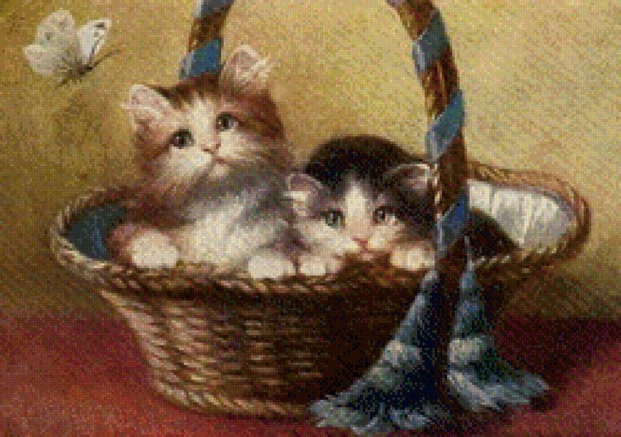 котята в корзинке - котик, корзинка, бабочка, кот, котенок, домашние любимцы - предпросмотр
