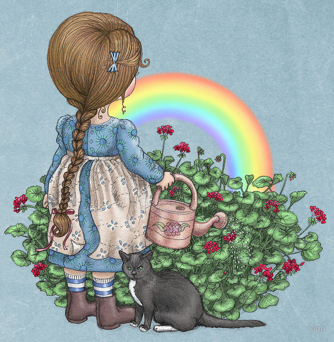 серия "дети с живностями" - девочка.кошка.цветы.радуга - оригинал
