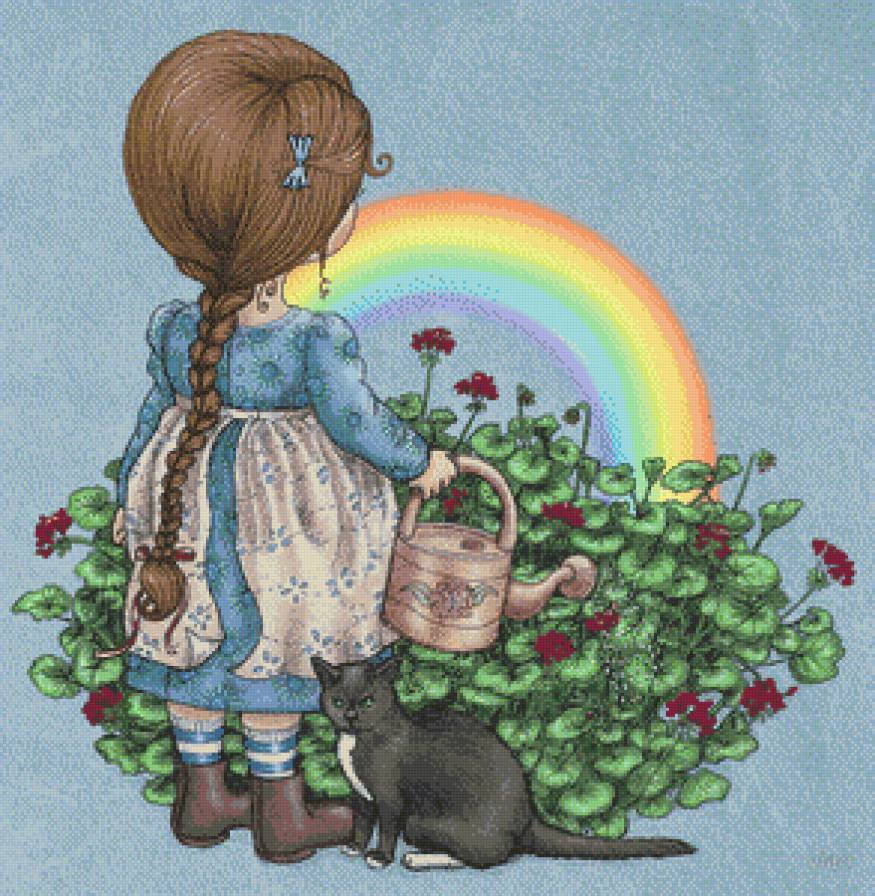 серия "дети с живностями" - девочка.кошка.цветы.радуга - предпросмотр