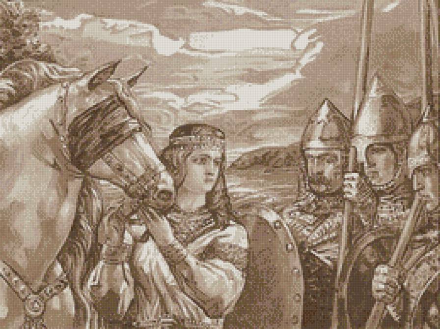 Русь Великая ... Конь судьбы (живопись) - картины, живопись, люди, сепия, животные, монохром, история, воины, лоша - предпросмотр