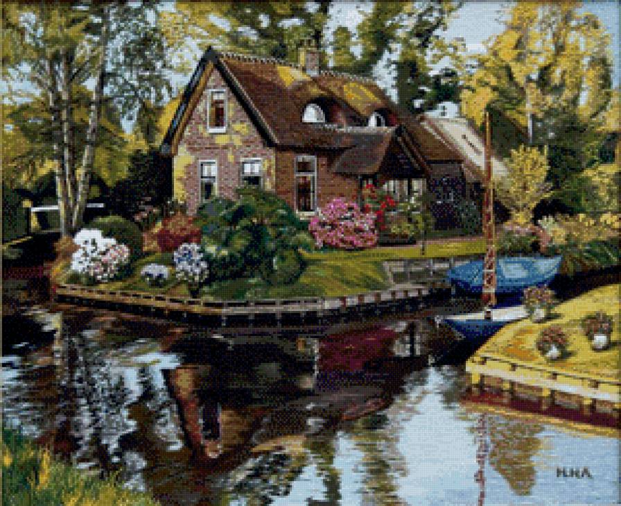 Домик у воды - домик, река, пейзаж - предпросмотр