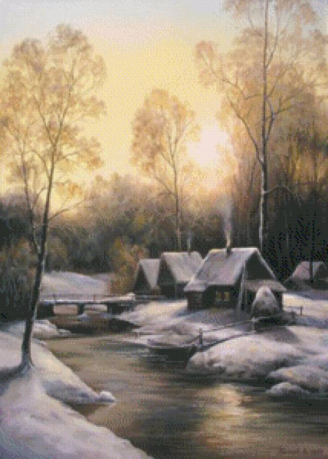 Зима - зима, пейзаж, домик, река, мост - предпросмотр