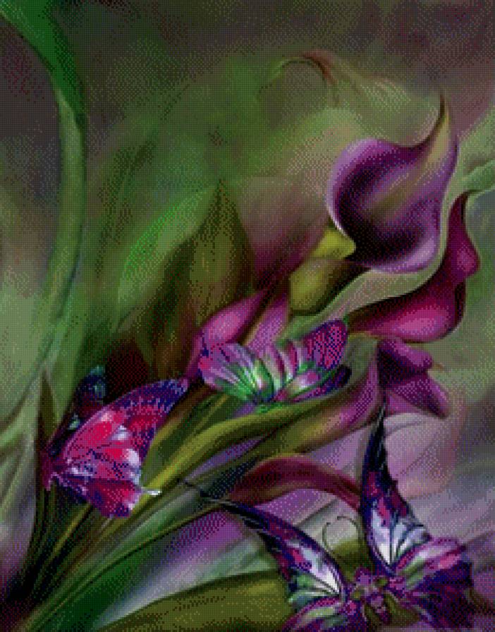 Калы с бабочками - пейзаж, цветы, бабочки - предпросмотр