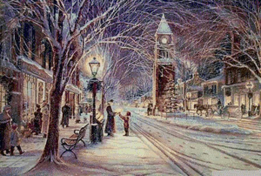 Зимнее настроение 4 - пейзаж, фонарь, люди, зима, домик - предпросмотр