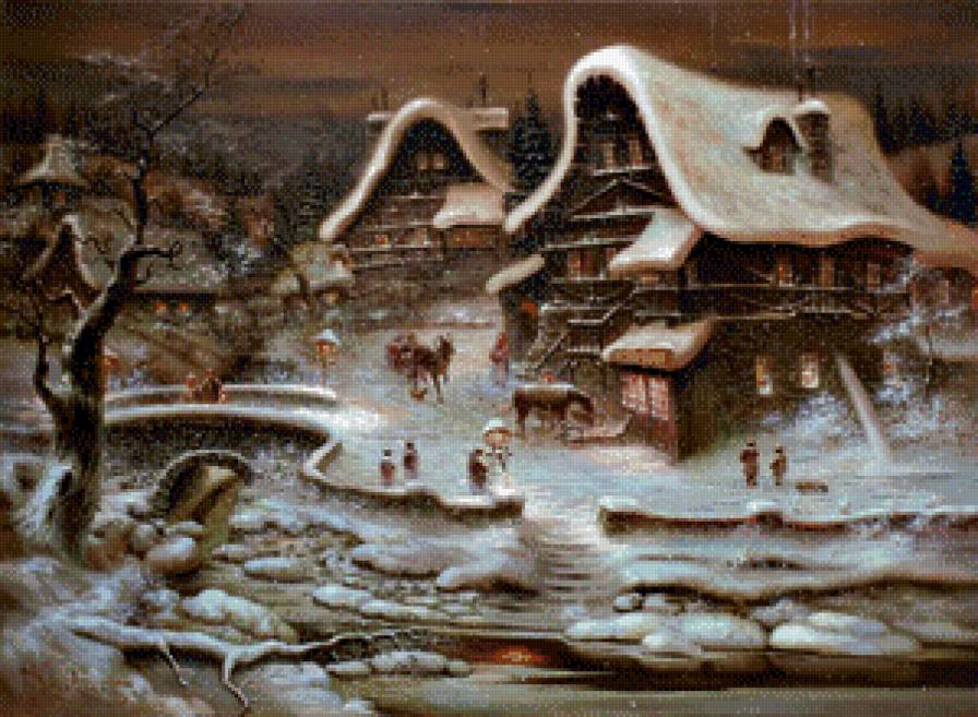 Серия "Зимний пейзаж" - пейзаж, река, люди, мостик, домик - предпросмотр
