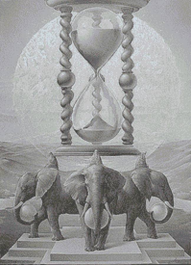 На трех слонах - животные, монохром, слоны, фэнтези, луна, часы - предпросмотр