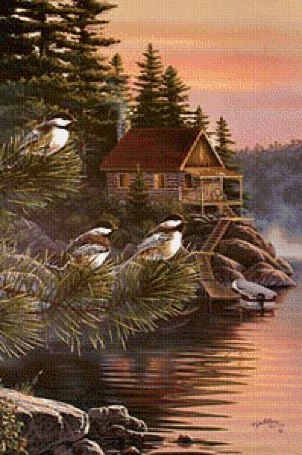 Птицы на озере - синицы, пейзаж, домик, озеро, птицы - предпросмотр