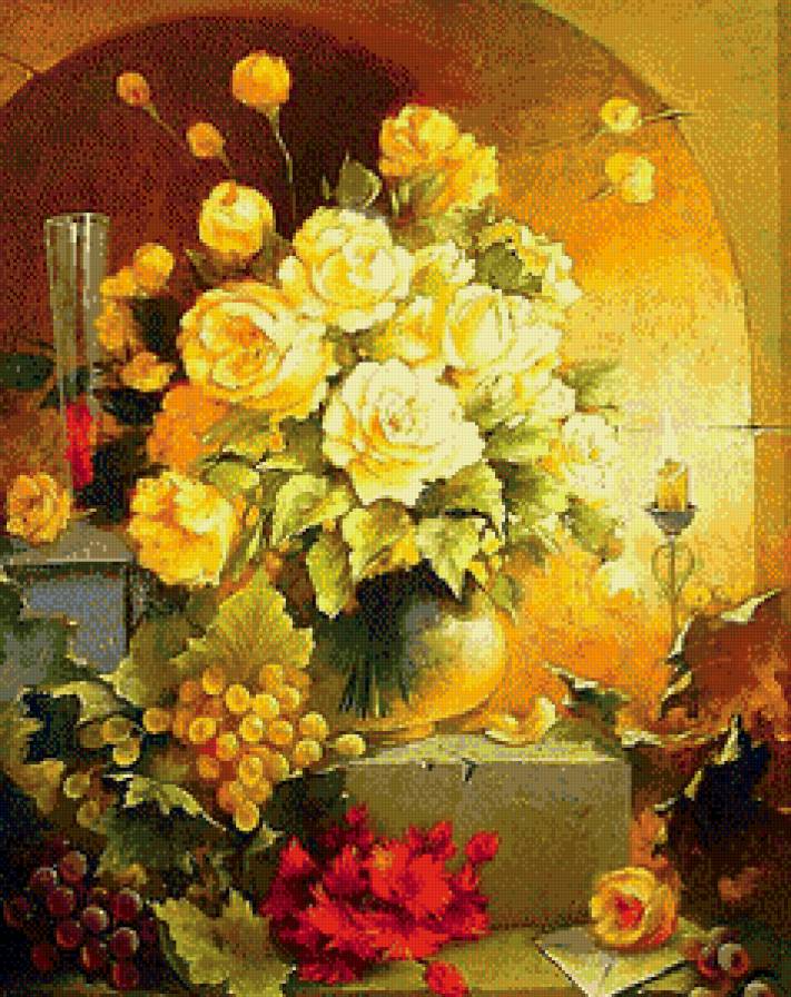 Розы и виноград - натюрморт, розы, цветы, живопись, виноград - предпросмотр