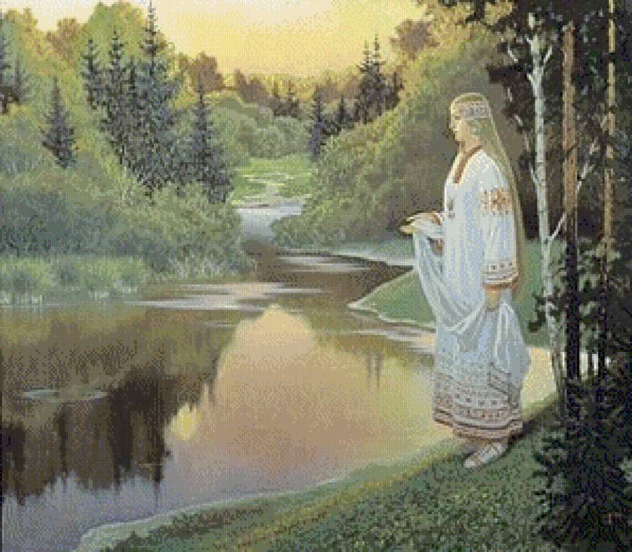 Русь Великая..."Купава" (Живопись Ольшанский) - живопись, пейзаж, река, женщина, история, дама, люди, картины, девушка - предпросмотр