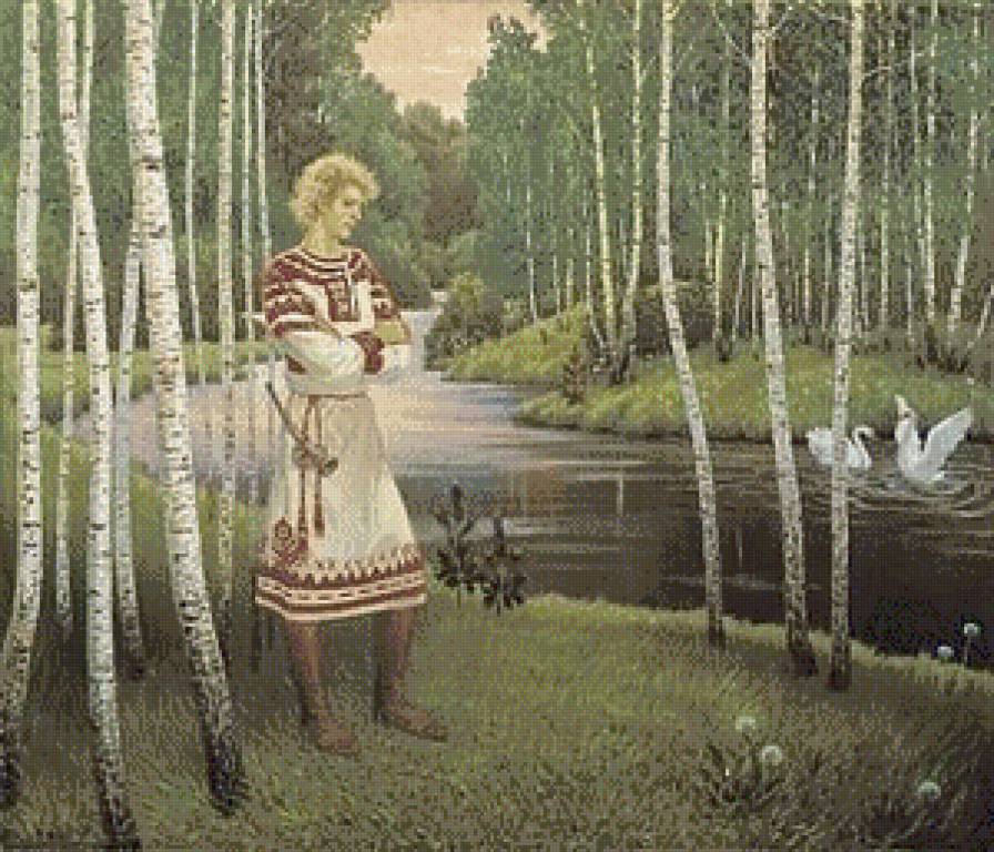 Русь Великая..."Лель"(живопись Ольшанский) - живопись, пейзаж, люди, птицы, парень, история, мужчина, лес, река - предпросмотр