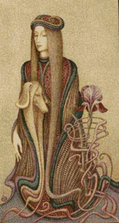 Дама с собакой и ирисом (Борис Индриков) - дама, цветы, люди, живопись, ирисы, собаки - предпросмотр