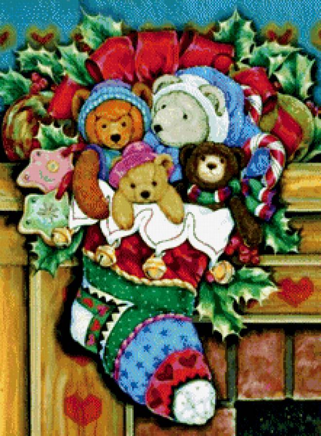 новогодняя - пряник, носок, живопись, остролист, подарок, бант, камин, мишка, игрушки - предпросмотр