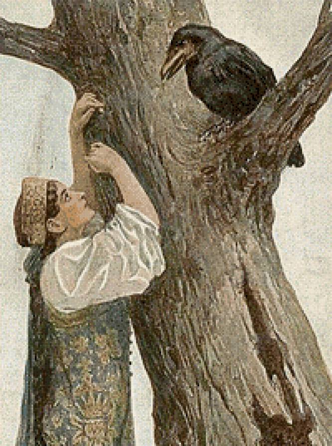 Старый ворон - птицы, картины, девушка.женщина, дама, люди, ворона, живопись - предпросмотр