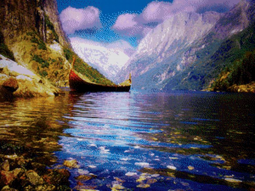 Пейзаж - вода, лодка, небо, лес, горы, деревья, река, природа - предпросмотр