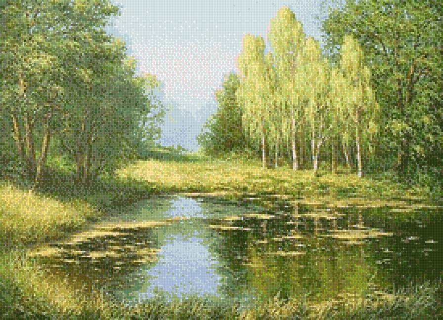 "Старый пруд" (Е. и  М.Иваненко) - лето, пейзаж, картины, живопись, пруд, лес - предпросмотр