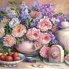 Натюрморт с часами и персиками