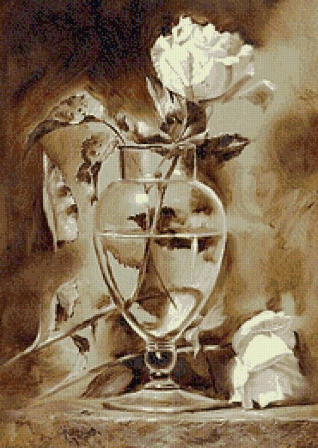 Белые розы - цветы, розы, живопись, монохром, сепия, ваза - предпросмотр