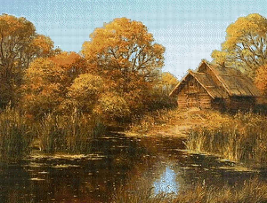 "Домик у реки" (Е.и М. Иваненко) - домики, пейзаж, река, осень, картины, живопись, деревня - предпросмотр