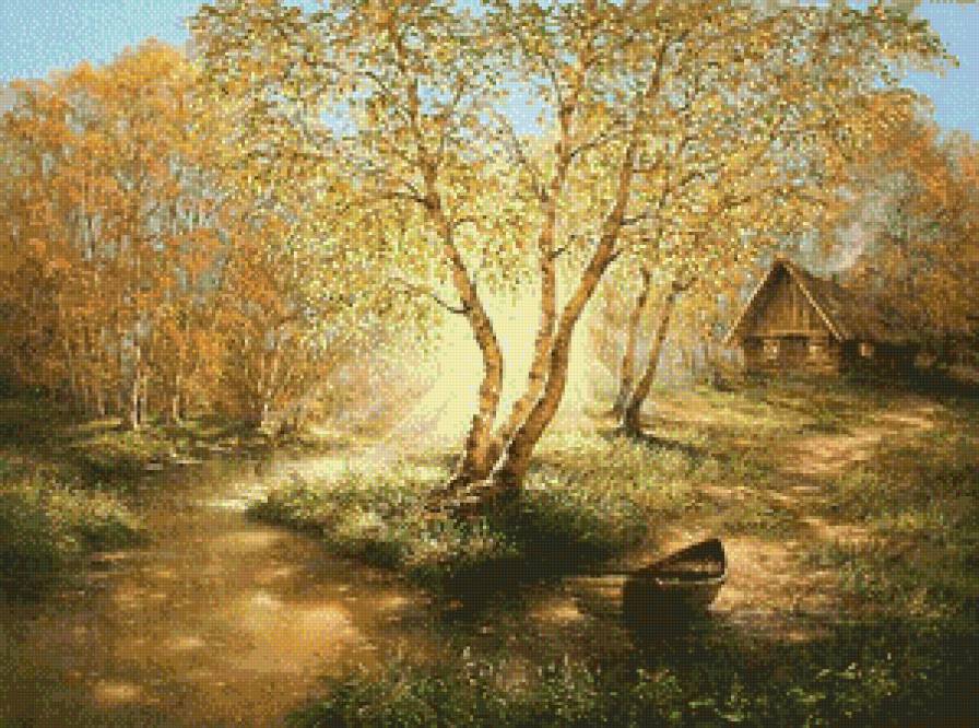 "Осенние лучи" (Е. и М. Иваненко) - живопись, пейзаж, домики, осень, картины, лес - предпросмотр