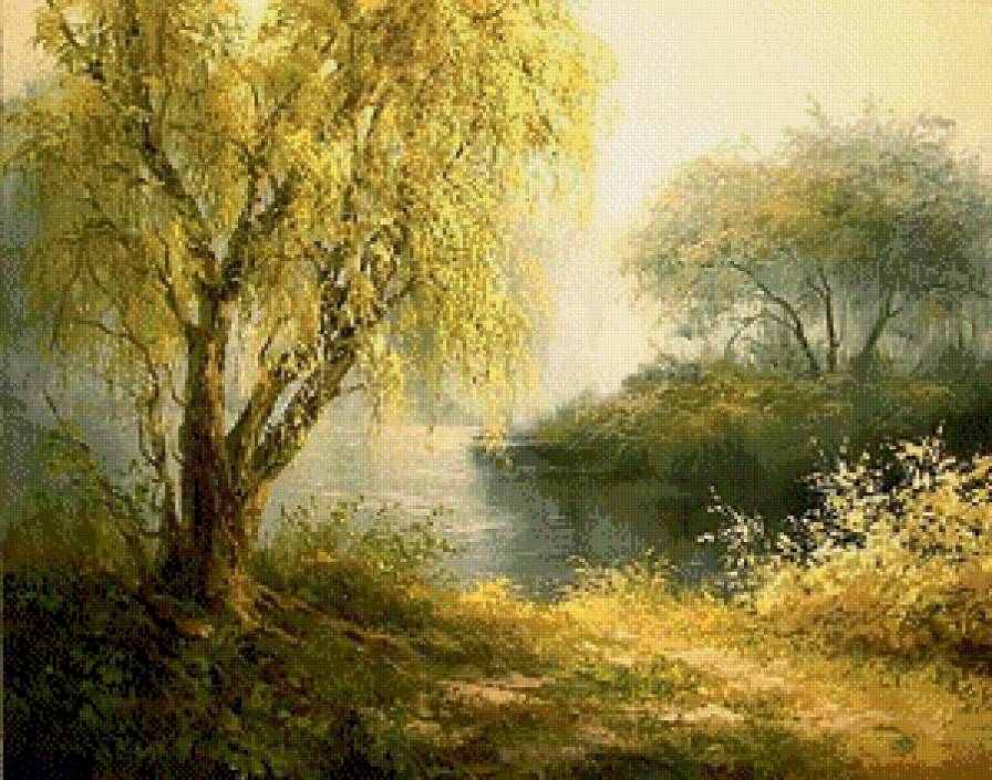 "Старая ива" (Е.и М. Иваненко) - пруд, осень, живопись.картины, пейзаж - предпросмотр