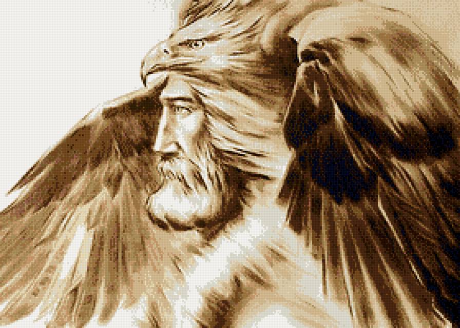 Лики севера - воин, птицы, люди, мужчина, орел, монохром, живопись - предпросмотр