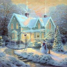 Схема вышивки «домик со снеговиком»