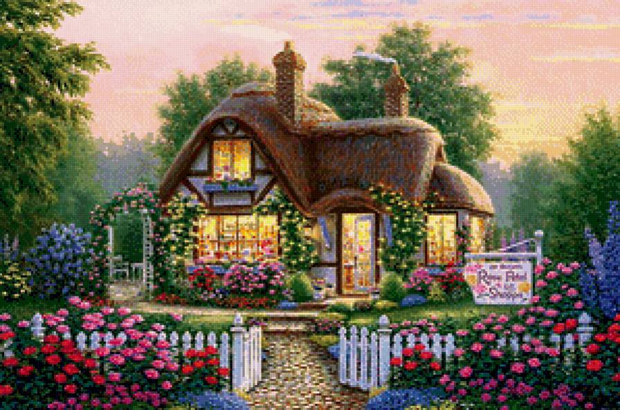 Домик, утопающий в цветах - цветы, сад, домик, пейзаж - предпросмотр
