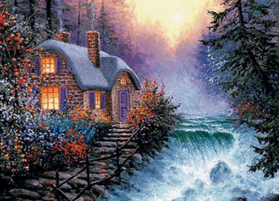 Домик у водопада - река, цветы, водопад, сад, пейзаж, домик - предпросмотр