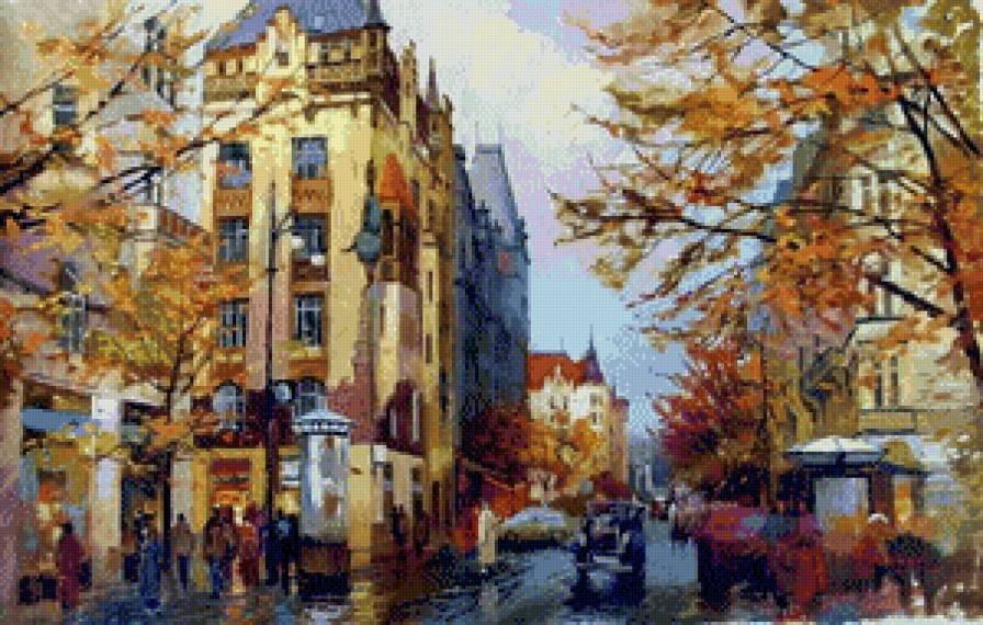 Осенний город - осень, домик, город, люди, пейзаж - предпросмотр